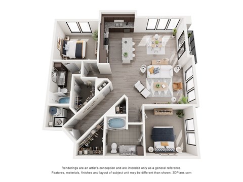 A 3D floor plan of a house with a kitchen, living room, dining room, and bathrooms.